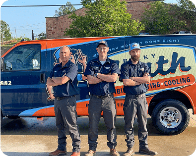 Three Ricky Heath Plumbing Heating Cooling technicians stand proudly in front of their branded service van