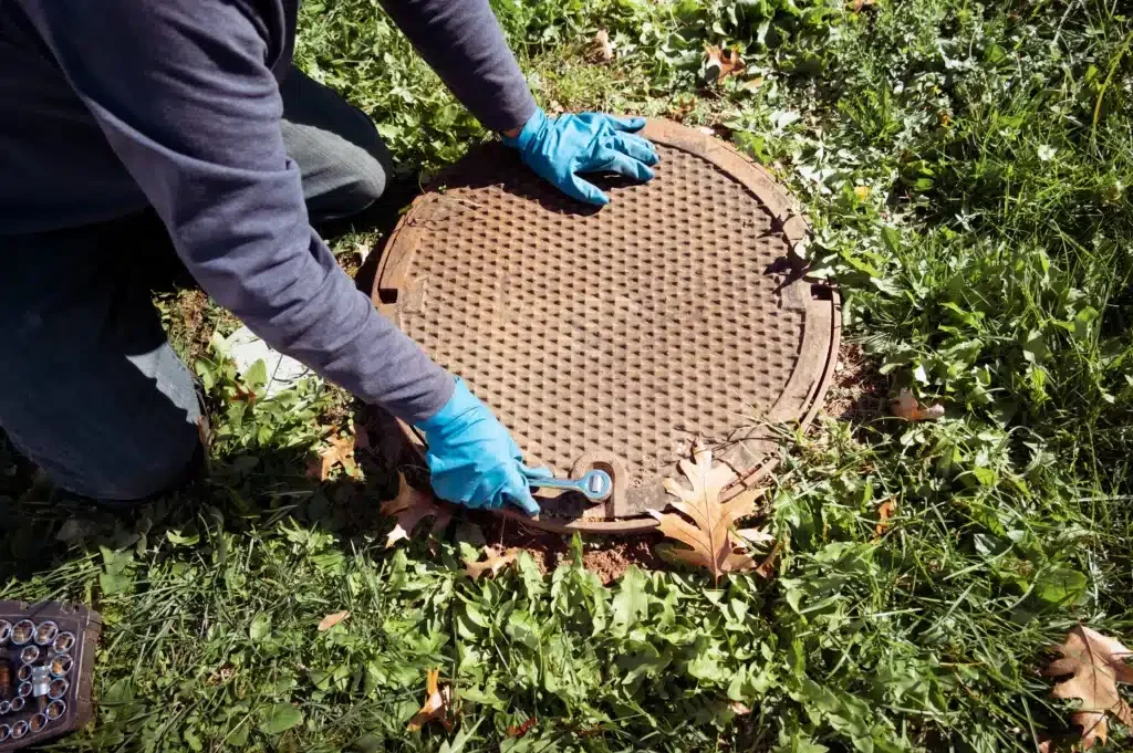 A person wearing blue gloves uses a tool to lift a round
